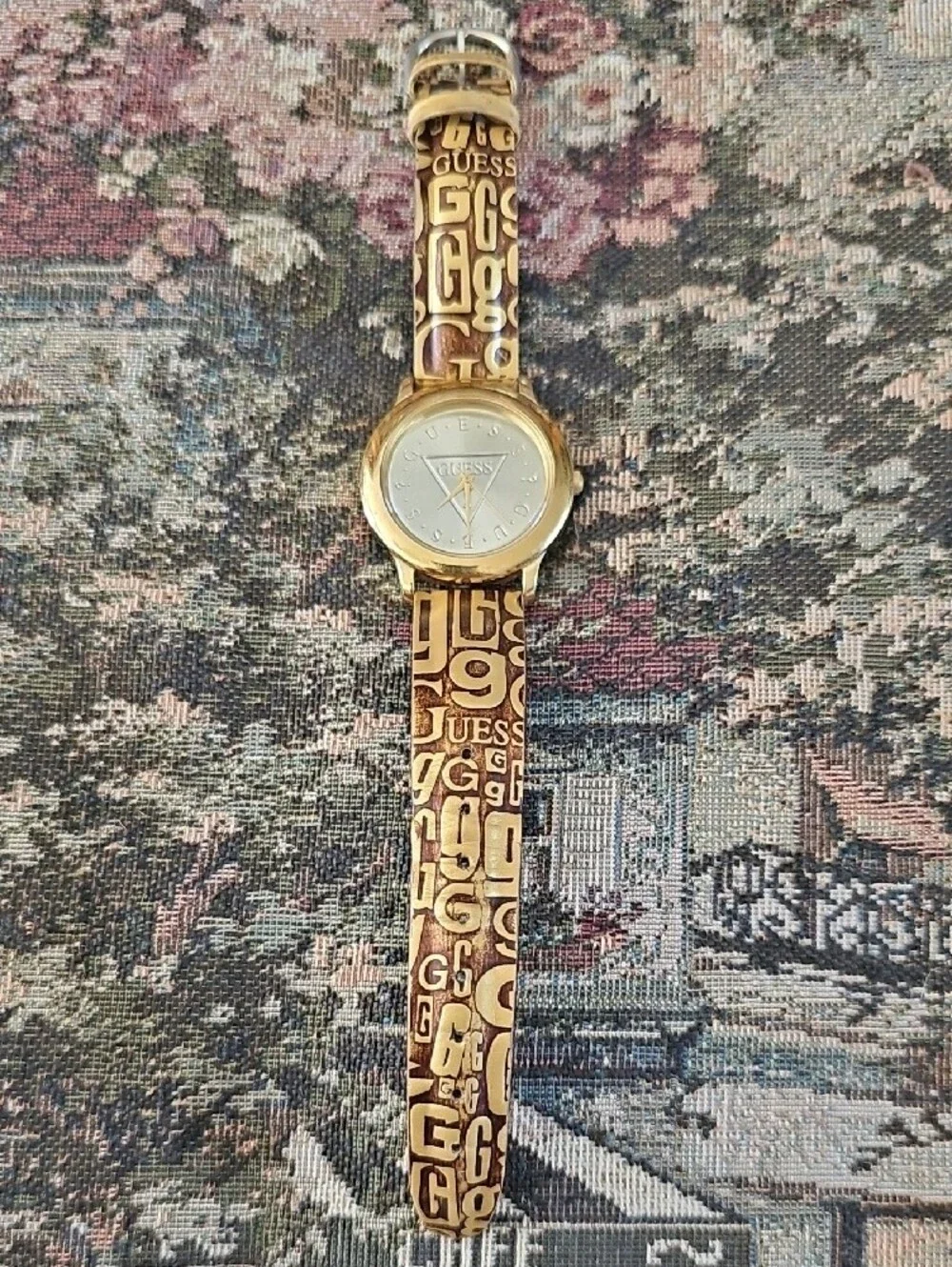 GUESS 1994 Gold Tone Watch with Brown Logo Strap
